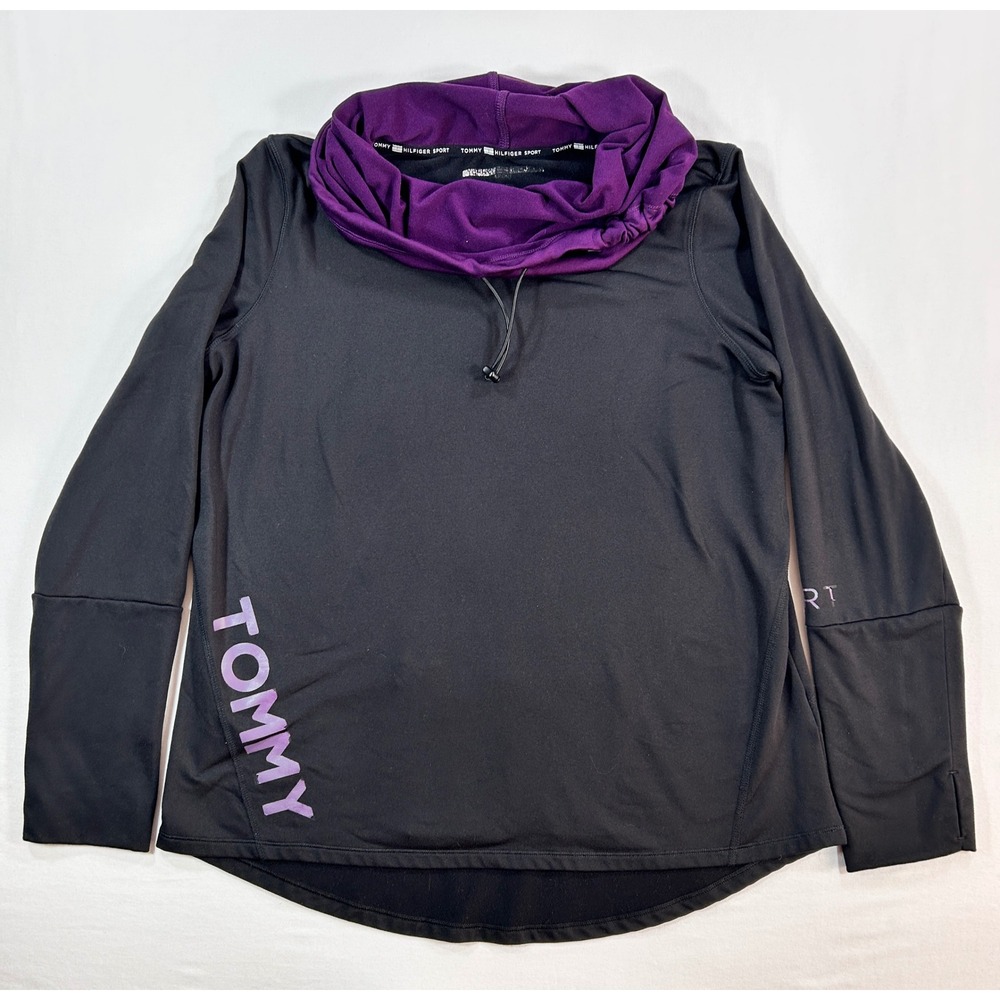 Tommy Hilfiger Sport Womens Cowl Neck Pullover Black Purple Thumbhole Size S